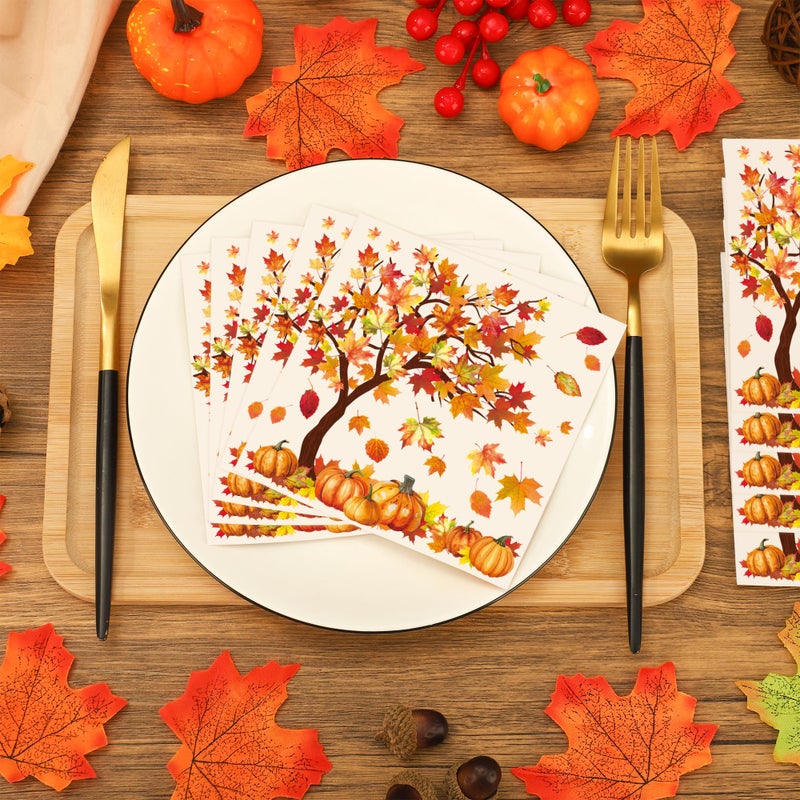 peony man 100 Pcs Fall Cocktail Napkins Fall Tree Paper Napkin 3 Ply Pumpkin Maple Leaves Party Dinner Napkins Disposable Autumn Beverage Napkin for Thanksgiving Autumn Harvest Party Supplies Table Decor - Image 4